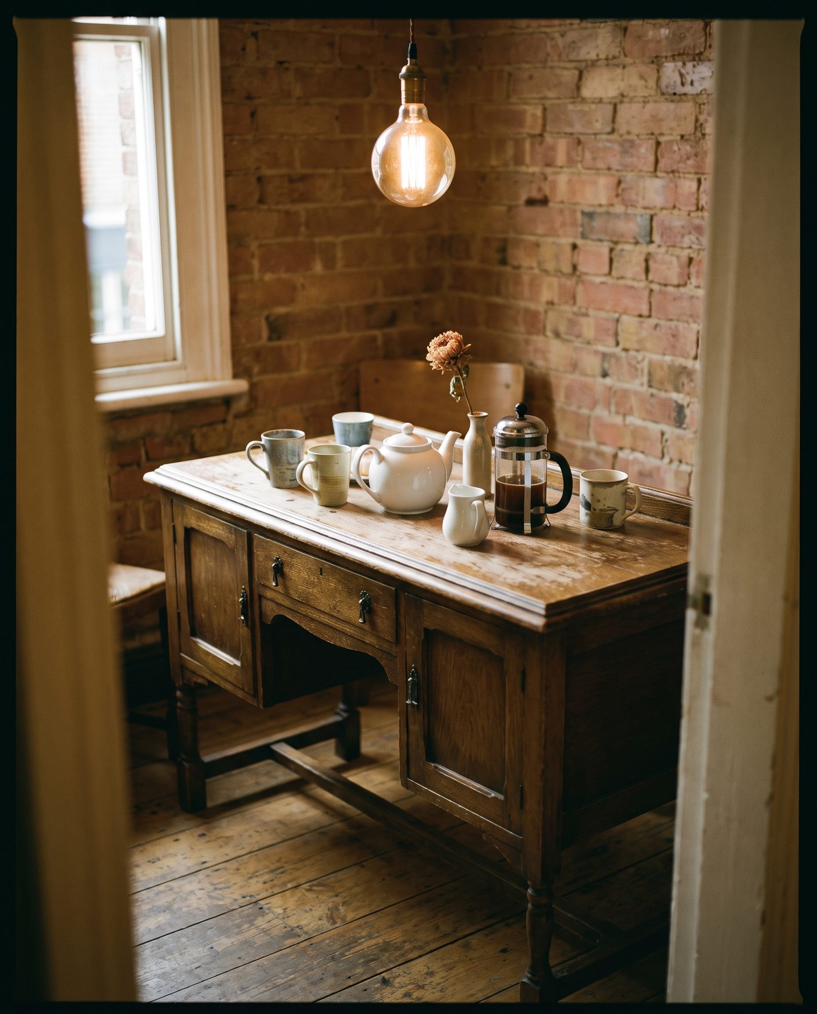 A wooden sideboard in the party room with a white teapot, French press of coffee, ceramic mugs, milk jug and a small vase with a single flower