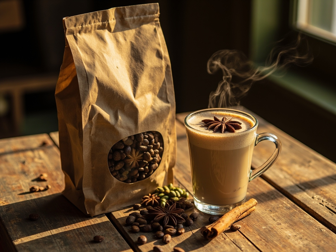 A bag of Café Chico coffee beans beside a spiced chai with star anise