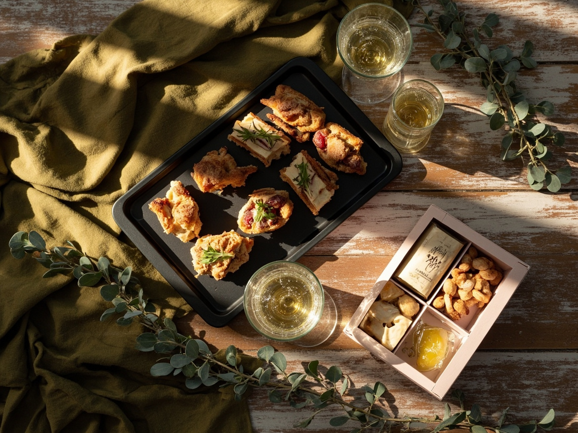 A celebration hamper — platter, sweet box and drinks on olive linen