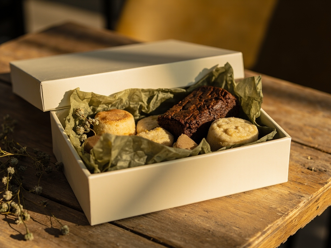 An open gift box filled with brownie, cake slices and sweets